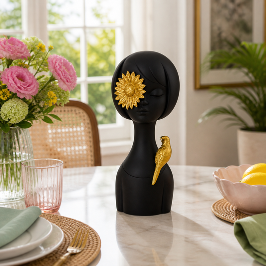 Modern Black Abstract Sculpture with Golden Sunflower and Bird Accent