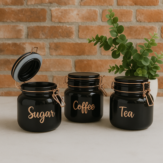 Black Glass Storage Jars with Rose Gold Lids