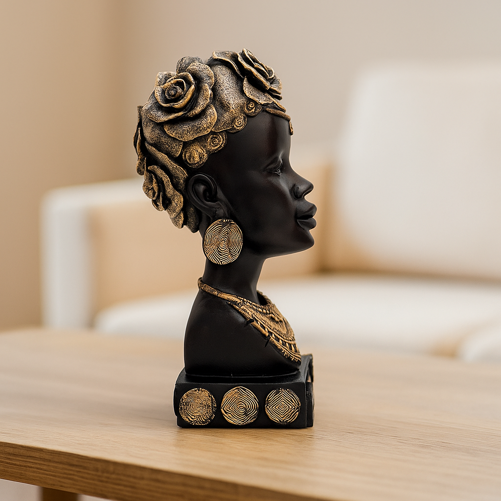 African Heritage Black Sculpture with Gold Detailing