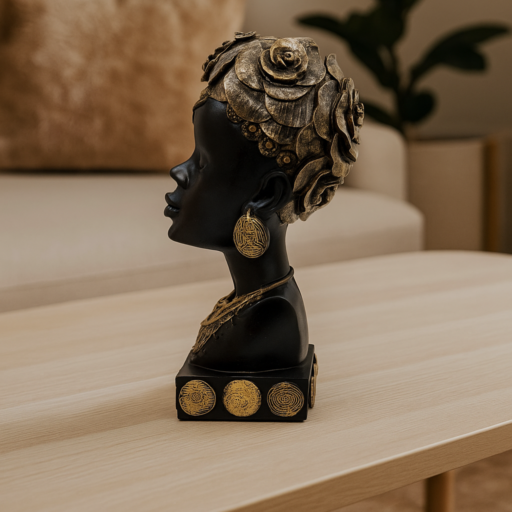 African Heritage Black Sculpture with Gold Detailing