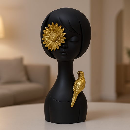 Modern Black Abstract Sculpture with Golden Sunflower and Bird Accent