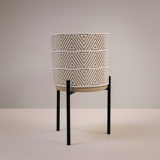 Geometric Patterned Ceramic Planter with Black Metal Stand