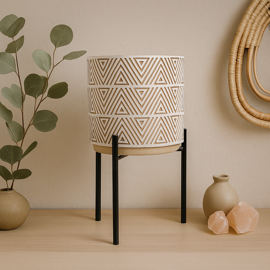 Geometric Patterned Ceramic Planter with Black Metal Stand
