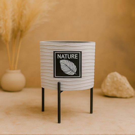 Nature-Inspired White Ceramic Planter with Black Metal Stand