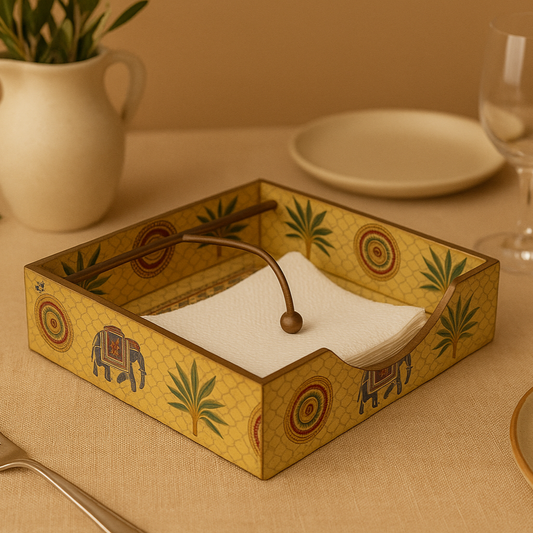 Hand-Painted Wooden Tissue Holder with Traditional Elephant and Palm Design