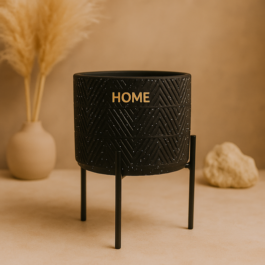 Modern Black Ceramic Planter with Gold 'HOME' Engraving and Black Metal Stand