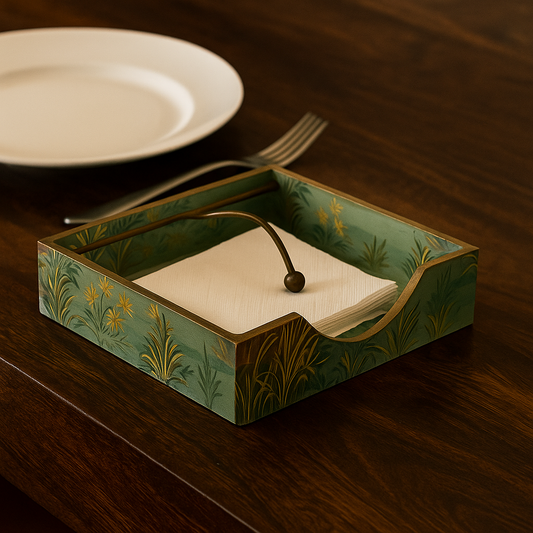 Vintage-Inspired Tissue Holder with Gold and Blue Floral Motif