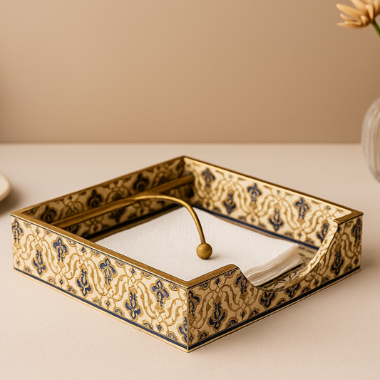 Antique-Inspired Decorative Tissue Holder with Gold and Blue Floral Design
