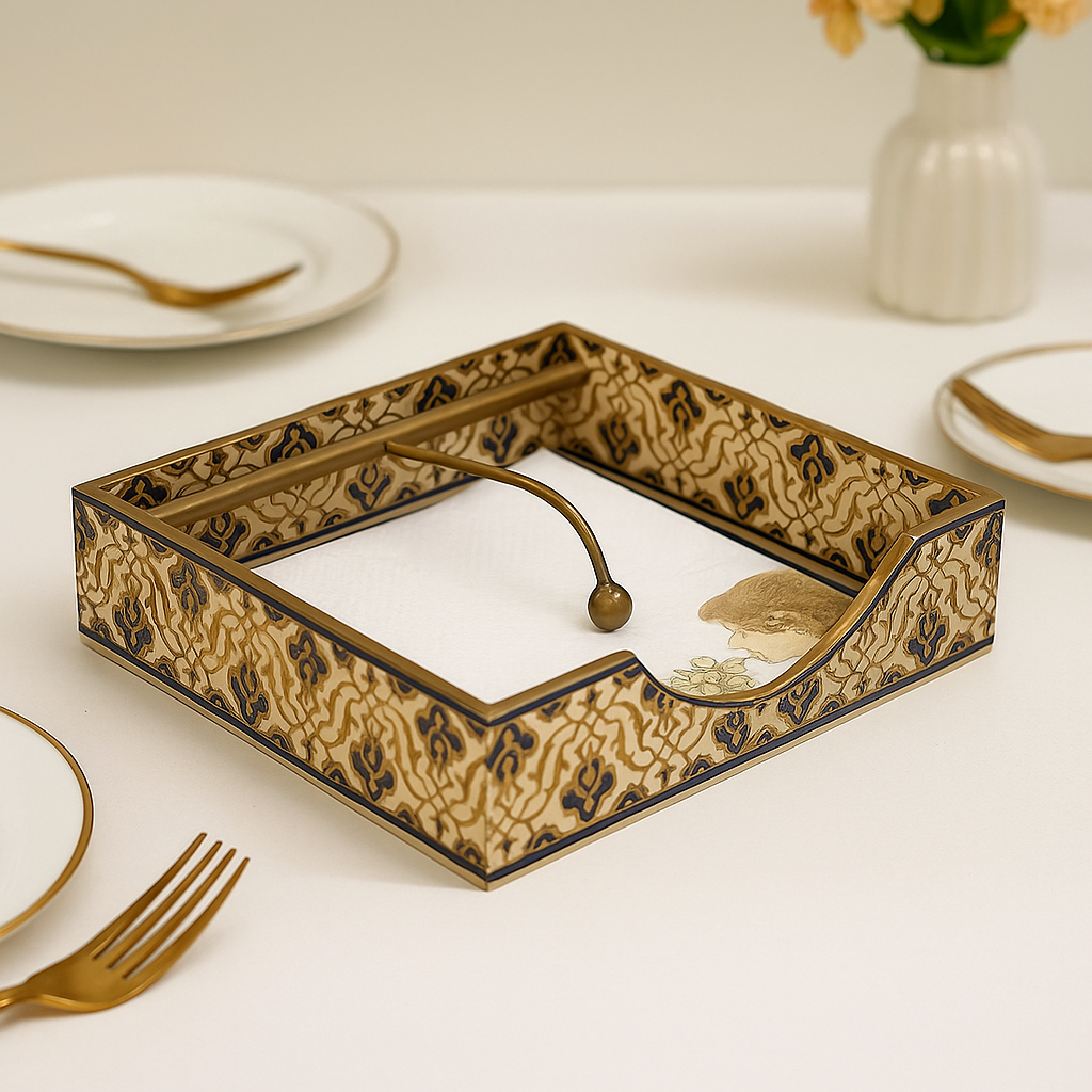 Antique-Inspired Decorative Tissue Holder with Gold and Blue Floral Design