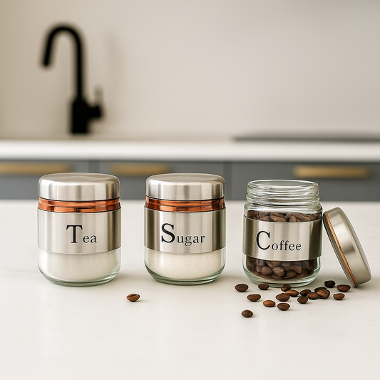 "Stainless Steel Tea Coffee Sugar Glass Jar Set