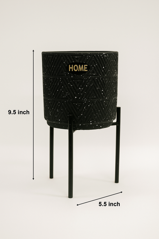 Modern Black Ceramic Planter with Gold 'HOME' Engraving and Black Metal Stand