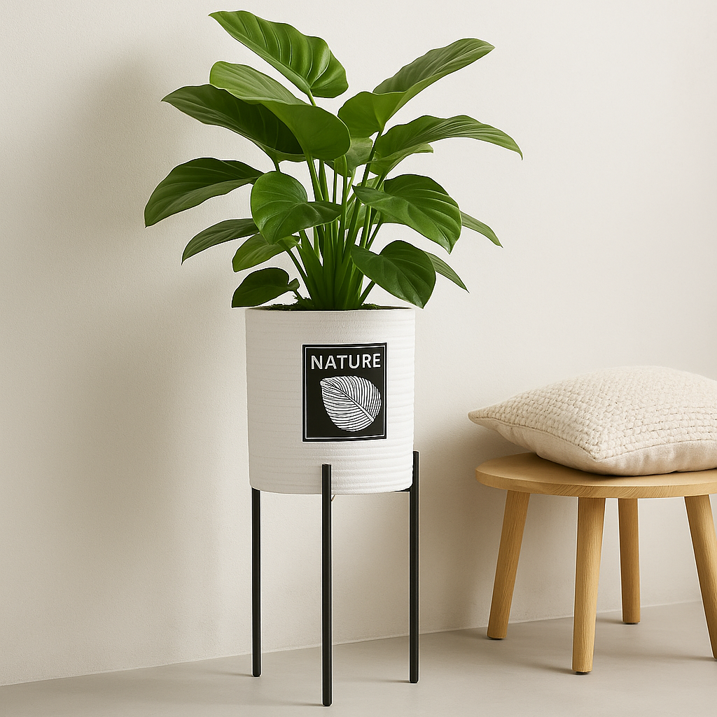 Nature-Inspired White Ceramic Planter with Black Metal Stand