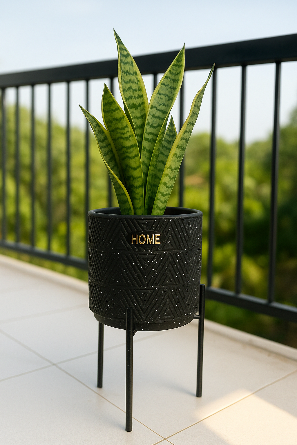 Modern Black Ceramic Planter with Gold 'HOME' Engraving and Black Metal Stand