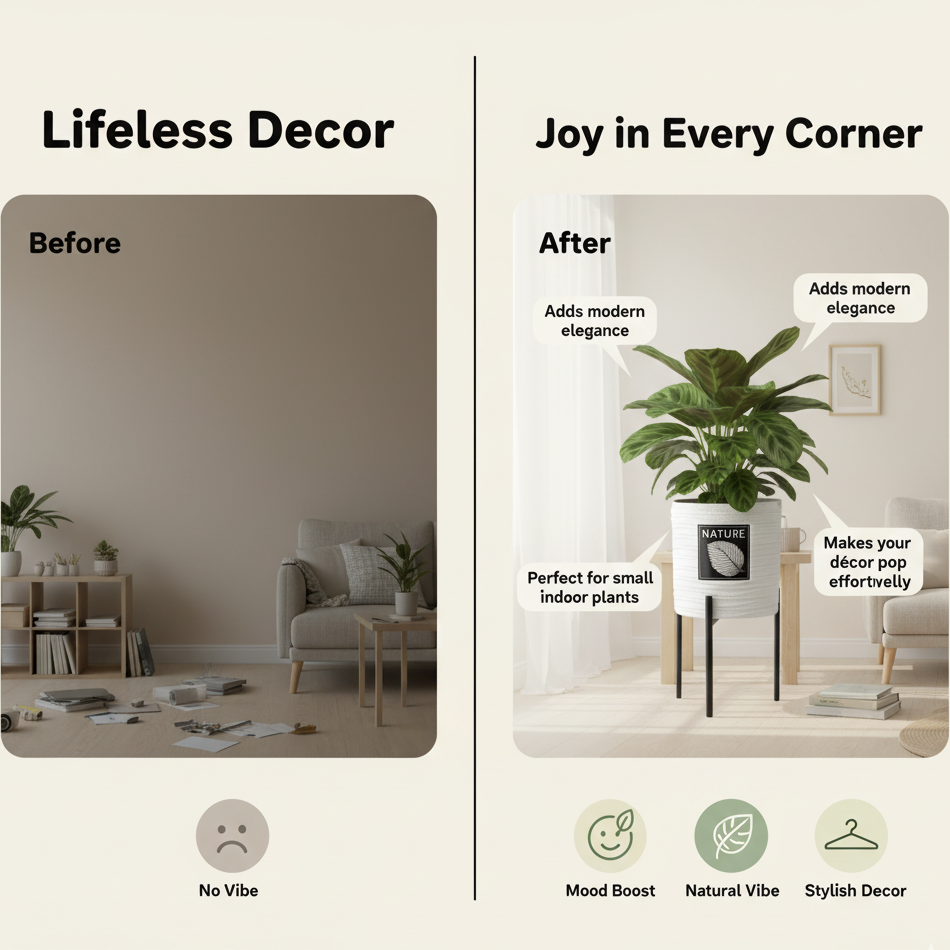 Nature-Inspired White Ceramic Planter with Black Metal Stand