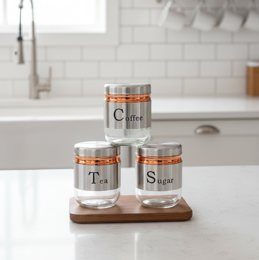 "Stainless Steel Tea Coffee Sugar Glass Jar Set