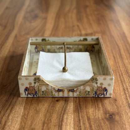 Wooden Tissue Holder, Hand Painted | Decorative Tissue Box Holder for Dining Table & Wooden Home Decor with Brass Handle for Dining Table, Home decor, Gifting & Office