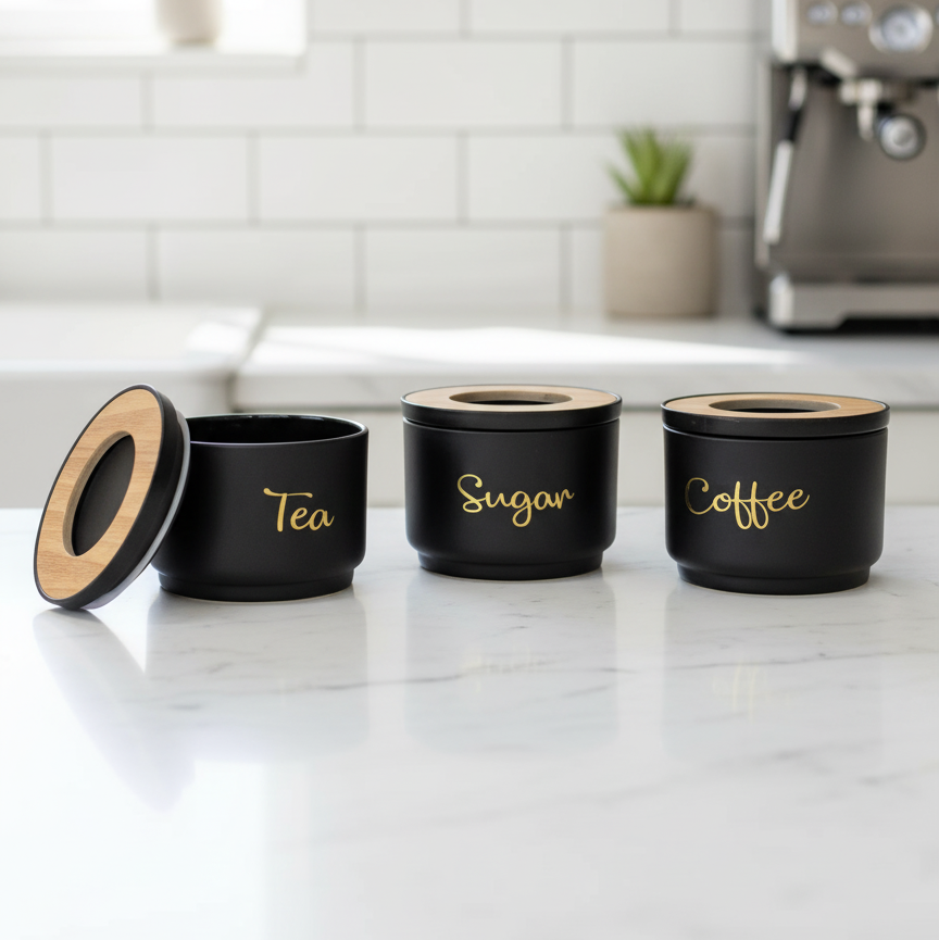 Matte Black Tea Coffee Sugar Container Set