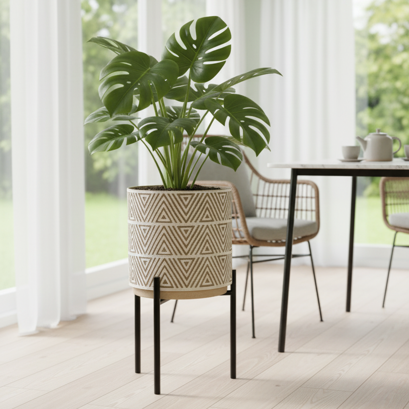 Geometric Patterned Ceramic Planter with Black Metal Stand