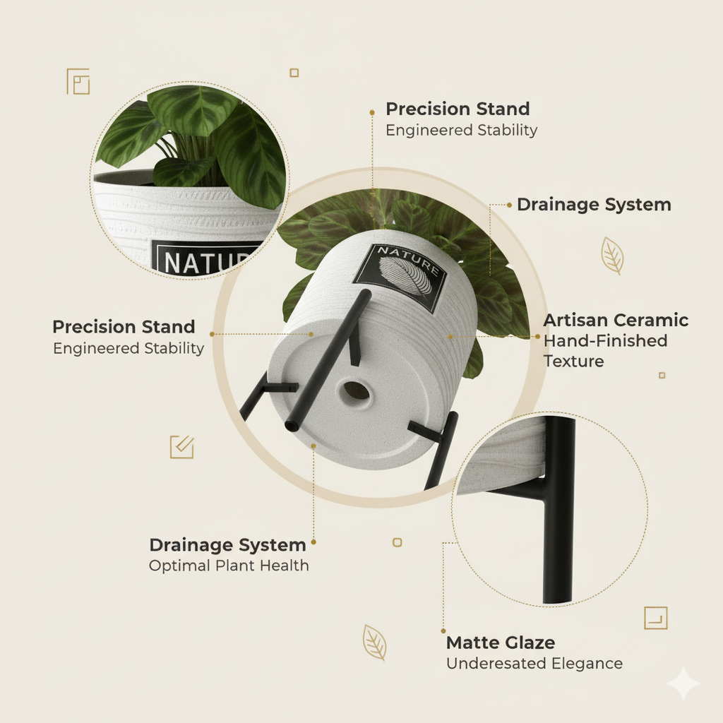 Nature-Inspired White Ceramic Planter with Black Metal Stand