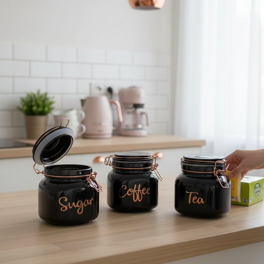 Black Glass Storage Jars with Rose Gold Lids