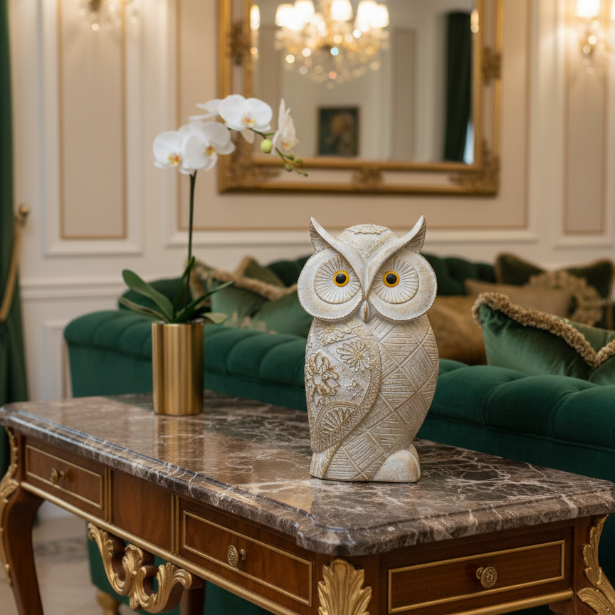 Rustic Charm Floral White Owl Showpiece – Handcrafted Ceramic Home Decor