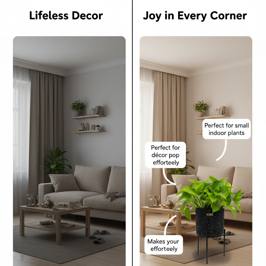 Modern Black Ceramic Planter with Gold 'HOME' Engraving and Black Metal Stand