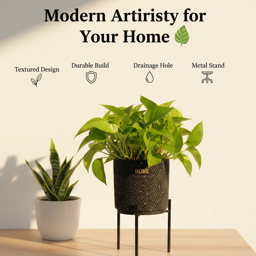 Modern Black Ceramic Planter with Gold 'HOME' Engraving and Black Metal Stand