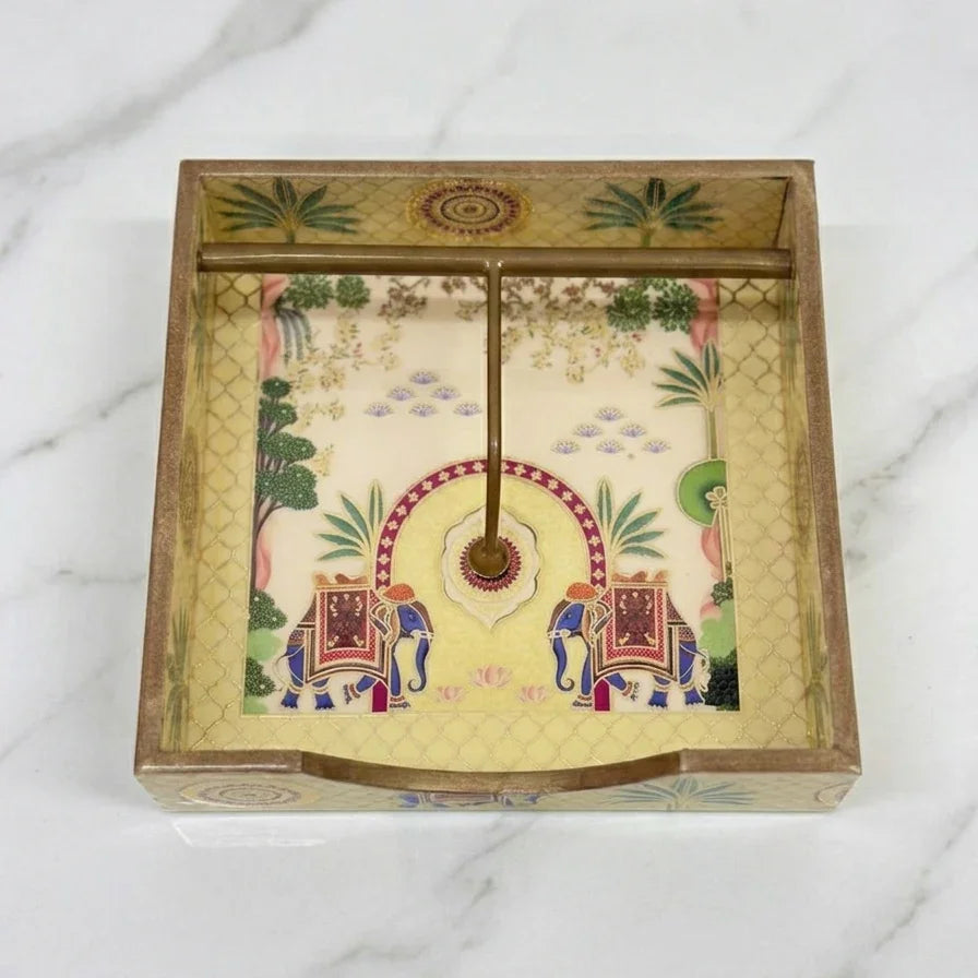 Hand-Painted Wooden Tissue Holder with Elephant & Palm Design | Wooden Home Decor for Home Decor, Table Styling & Gifting