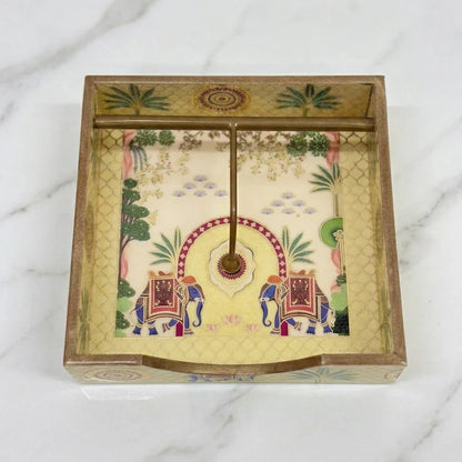 Hand-Painted Wooden Tissue Holder with Elephant & Palm Design | Wooden Home Decor for Home Decor, Table Styling & Gifting