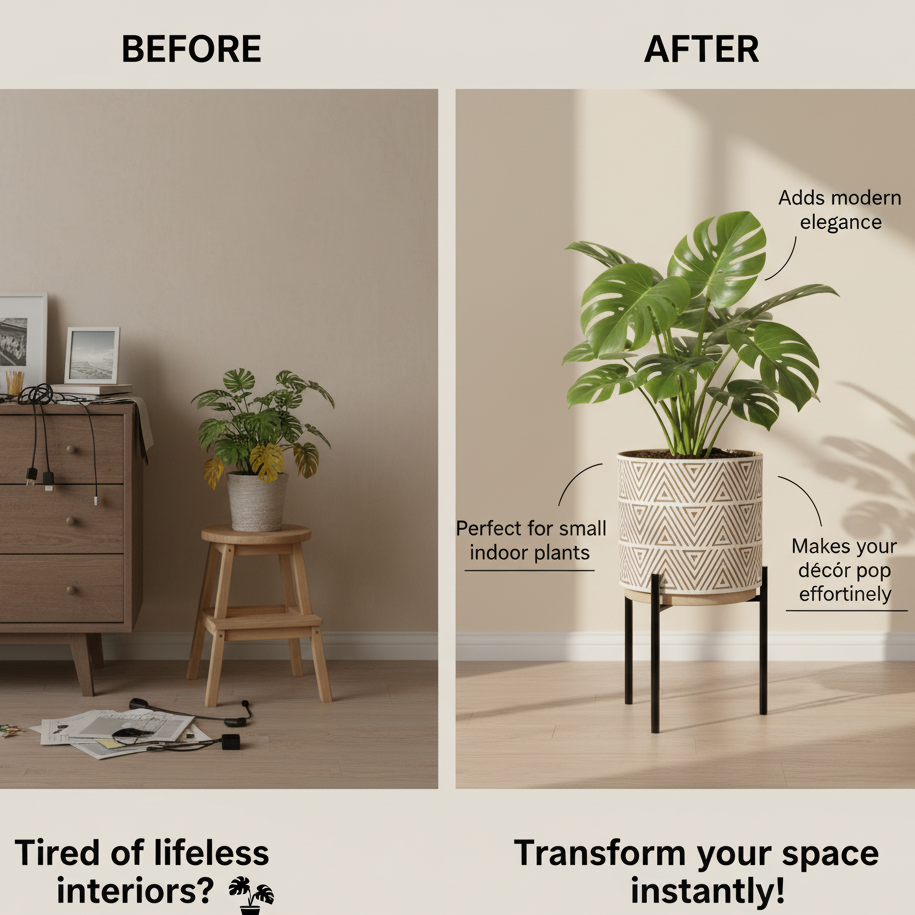 Geometric Patterned Ceramic Planter with Black Metal Stand