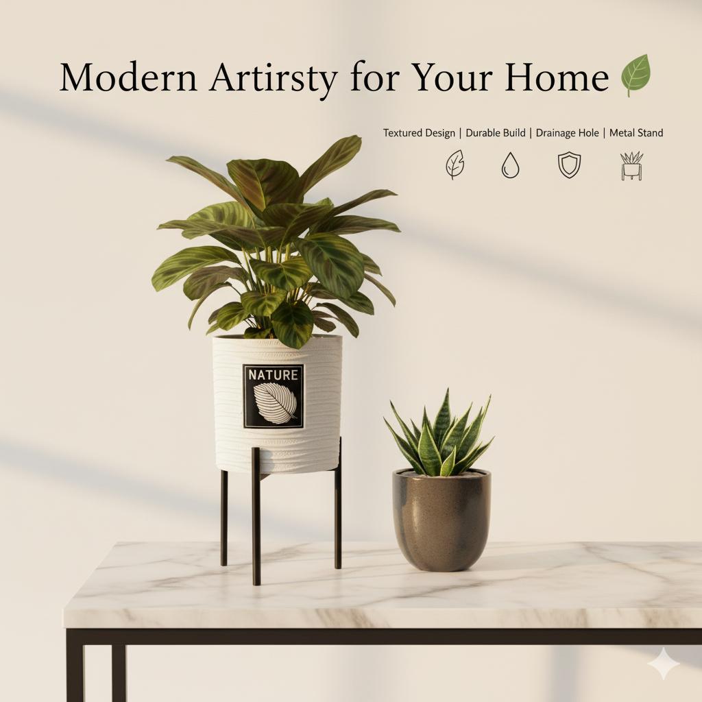 Nature-Inspired White Ceramic Planter with Black Metal Stand