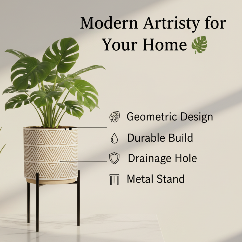 Geometric Patterned Ceramic Planter with Black Metal Stand