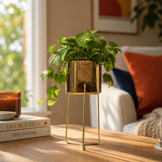 Elegant Gold Decorative Planter with Minimalist Metal Stand