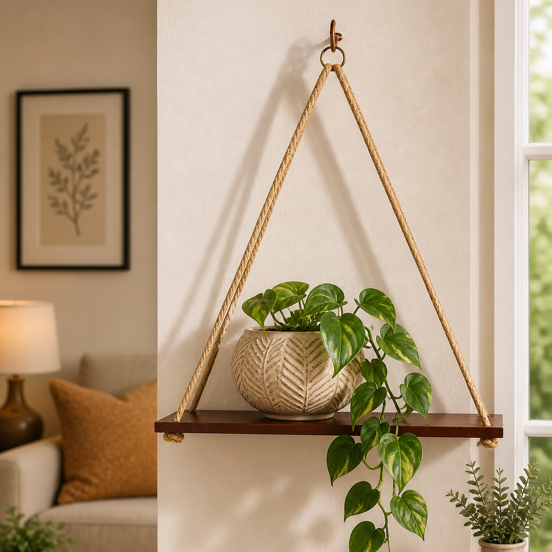 Serene Weave Wooden Hanging Shelf with Rope
