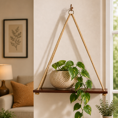 Serene Weave Wooden Hanging Shelf with Rope