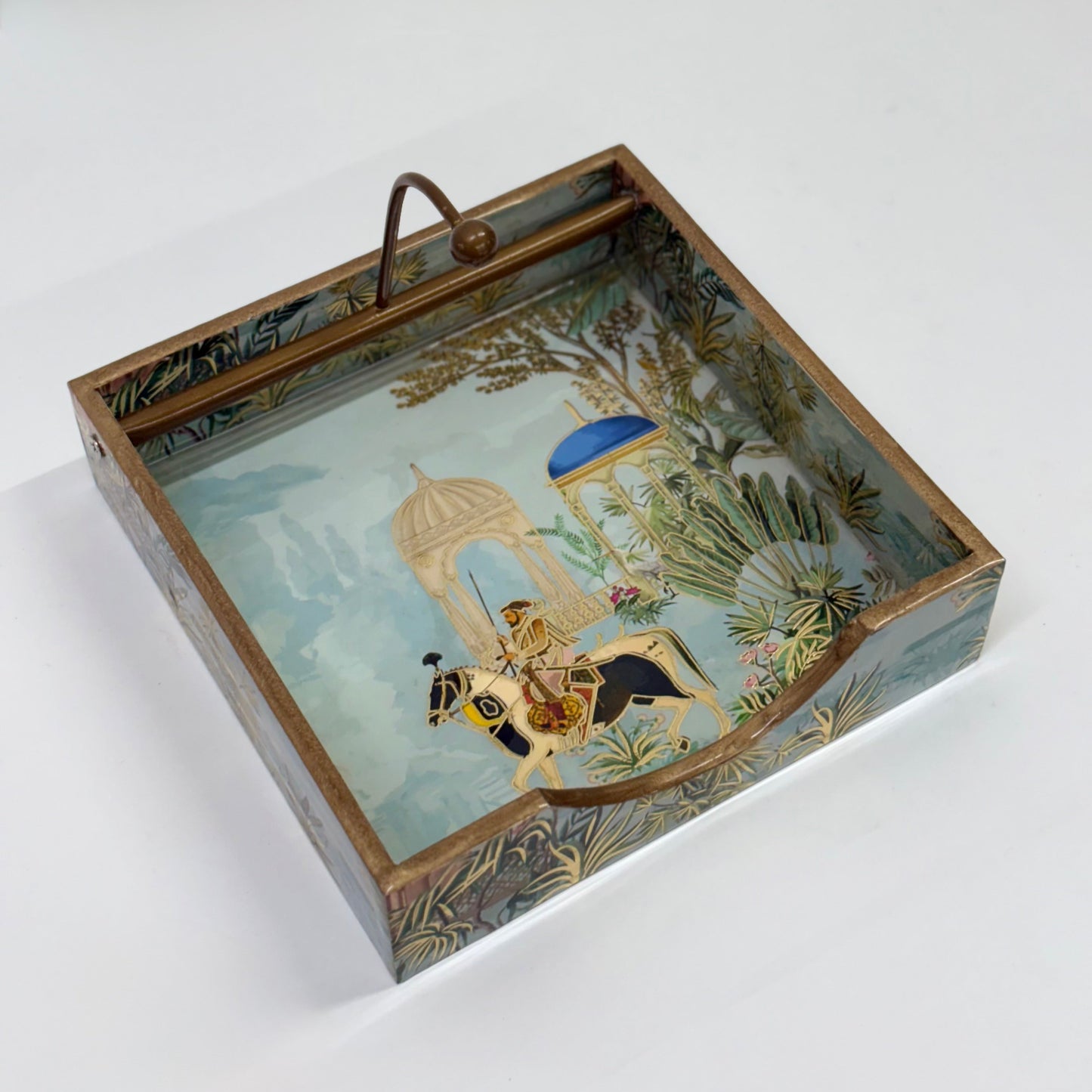 Vintage-Inspired Tissue Holder with Gold and Blue Floral Motif