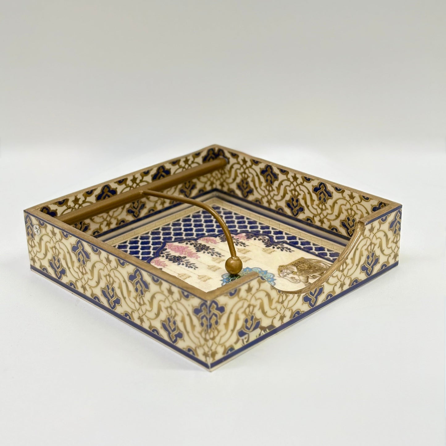 Antique-Inspired Decorative Tissue Holder with Gold and Blue Floral Design