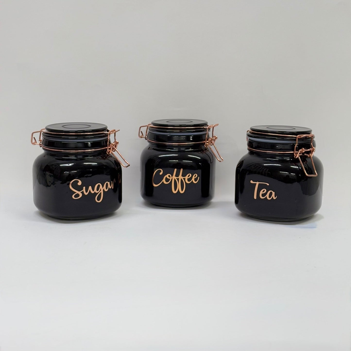 Black Glass Storage Jars with Rose Gold Lids