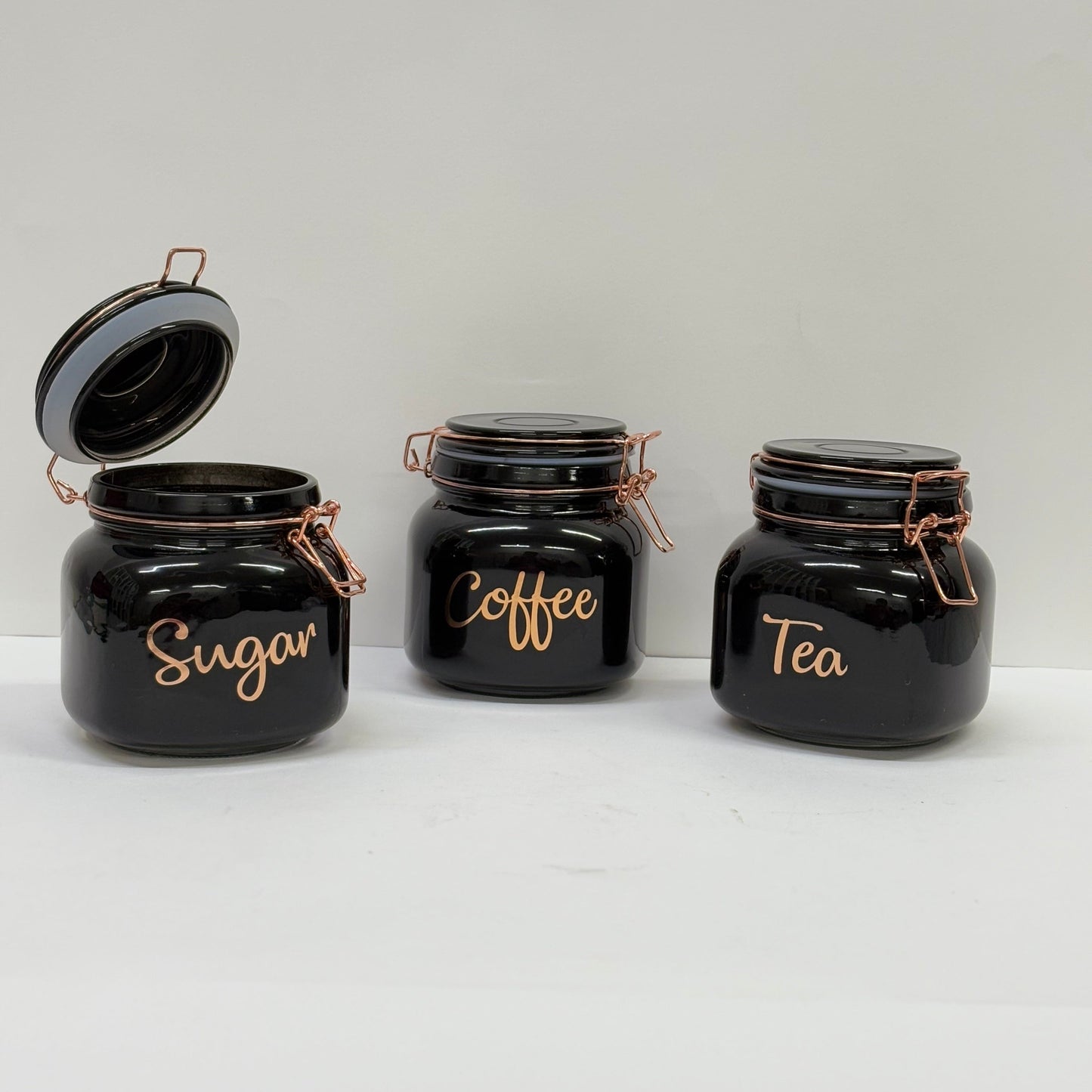 Black Glass Storage Jars with Rose Gold Lids