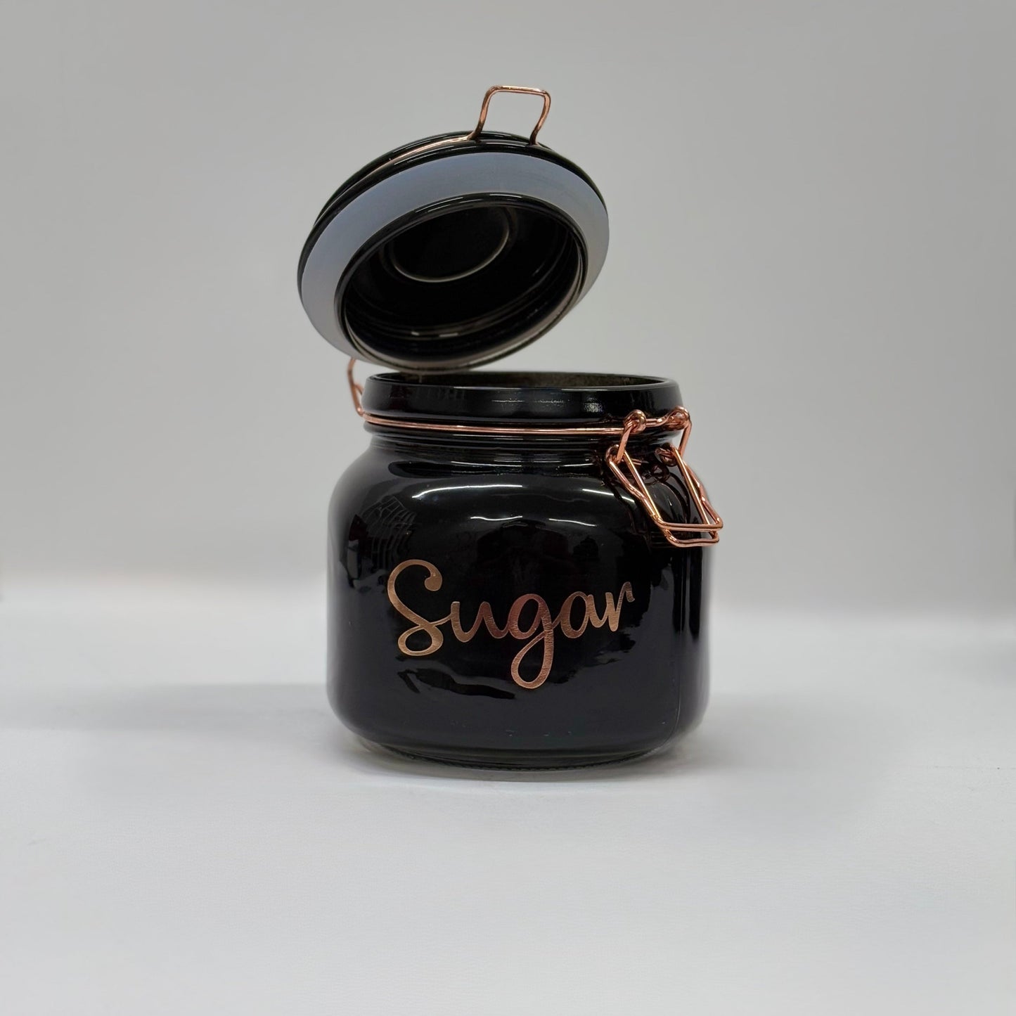 Black Glass Storage Jars with Rose Gold Lids