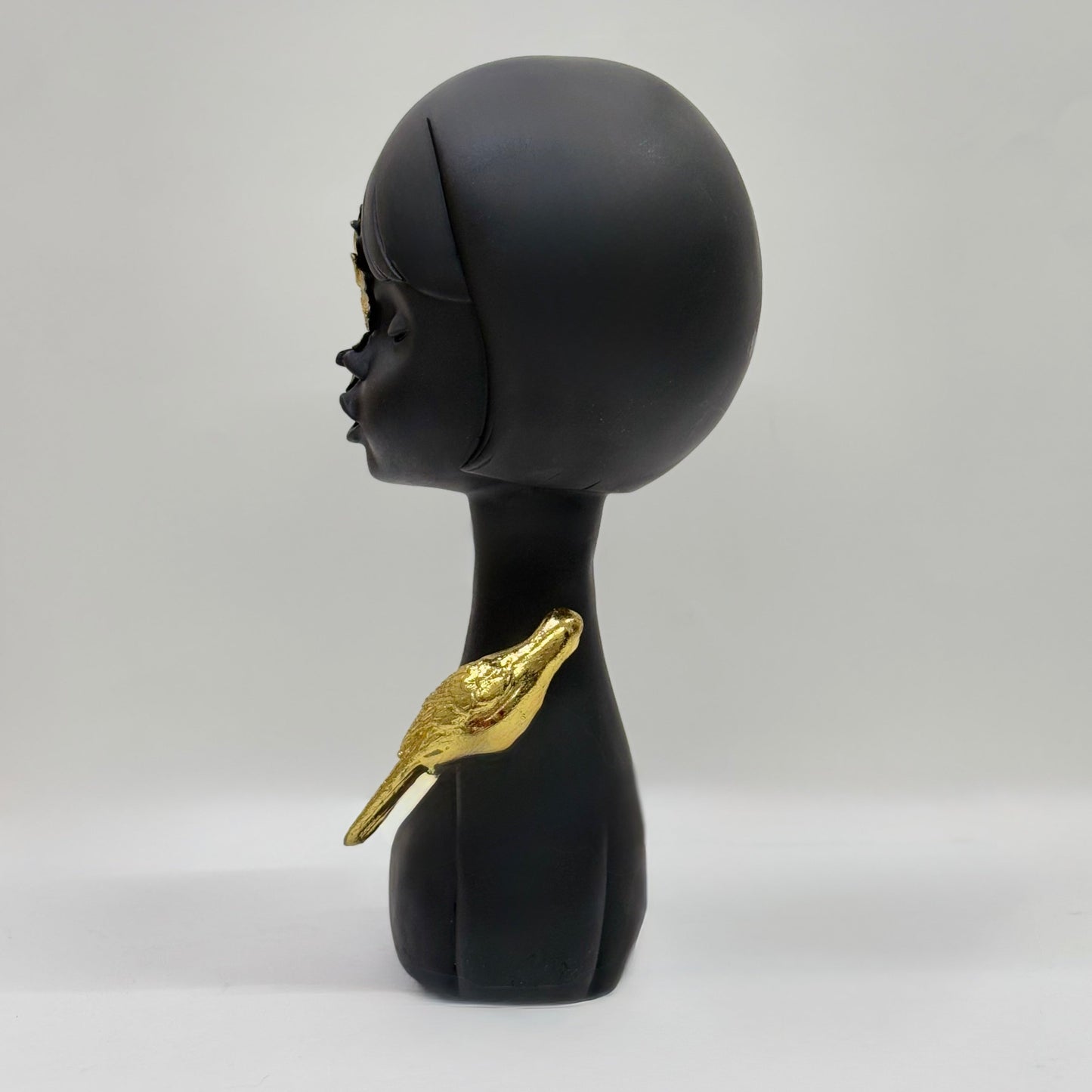 Modern Black Abstract Sculpture with Golden Sunflower and Bird Accent