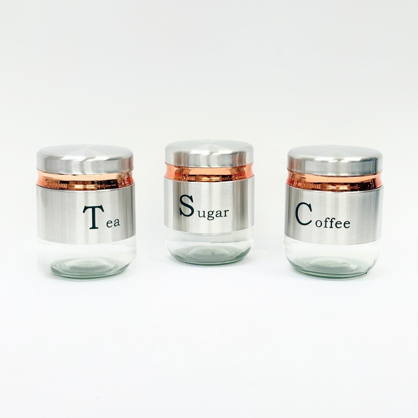 "Stainless Steel Tea Coffee Sugar Glass Jar Set