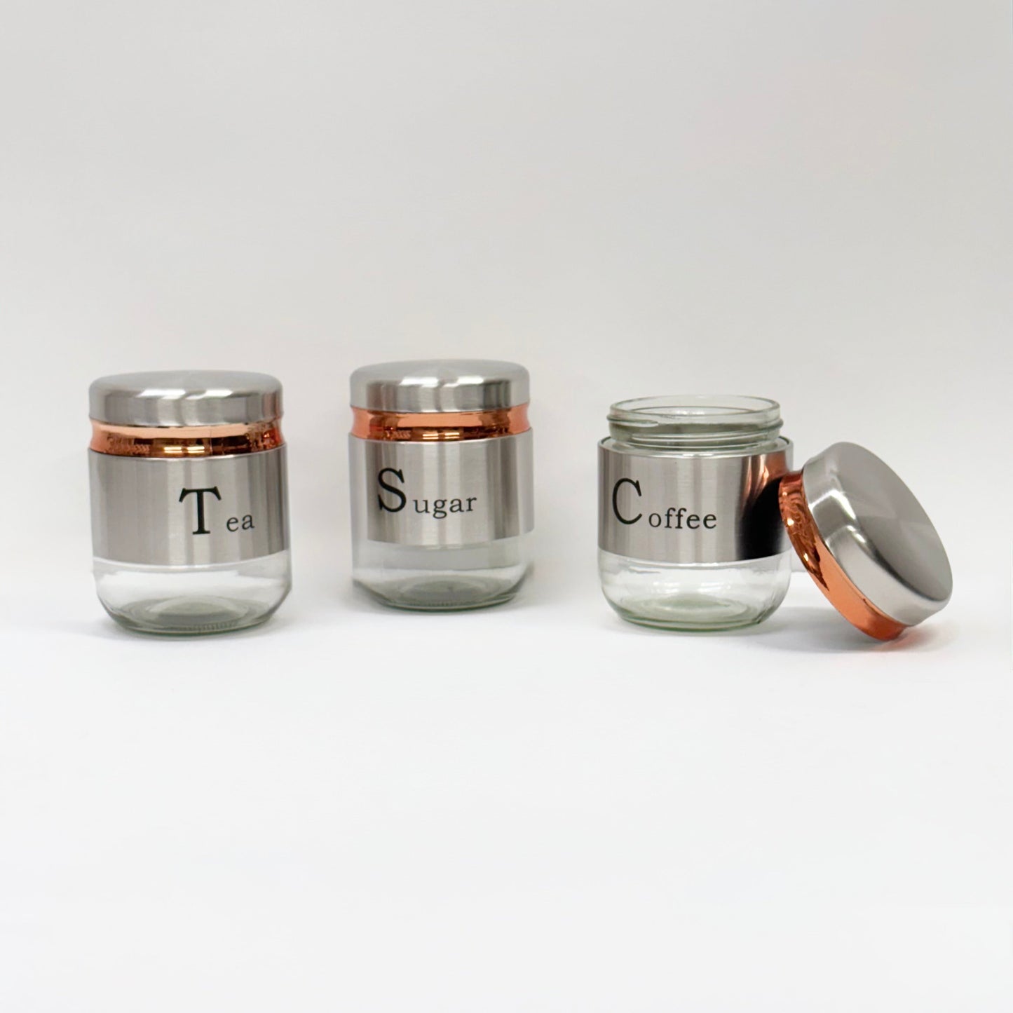 "Stainless Steel Tea Coffee Sugar Glass Jar Set