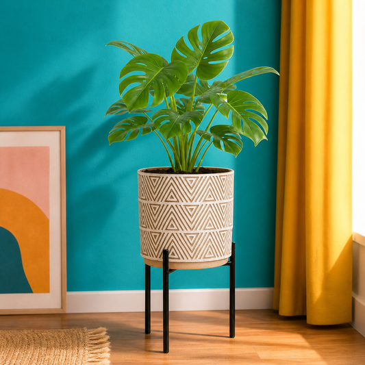 Geometric Patterned Ceramic Planter with Black Metal Stand
