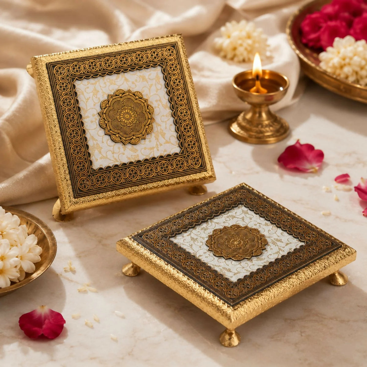 Traditional Pooja Chowki with Elegant Floral Design