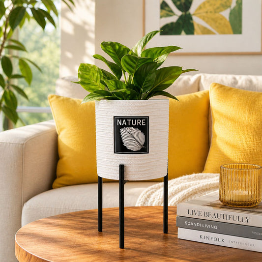 Nature-Inspired White Ceramic Planter with Black Metal Stand