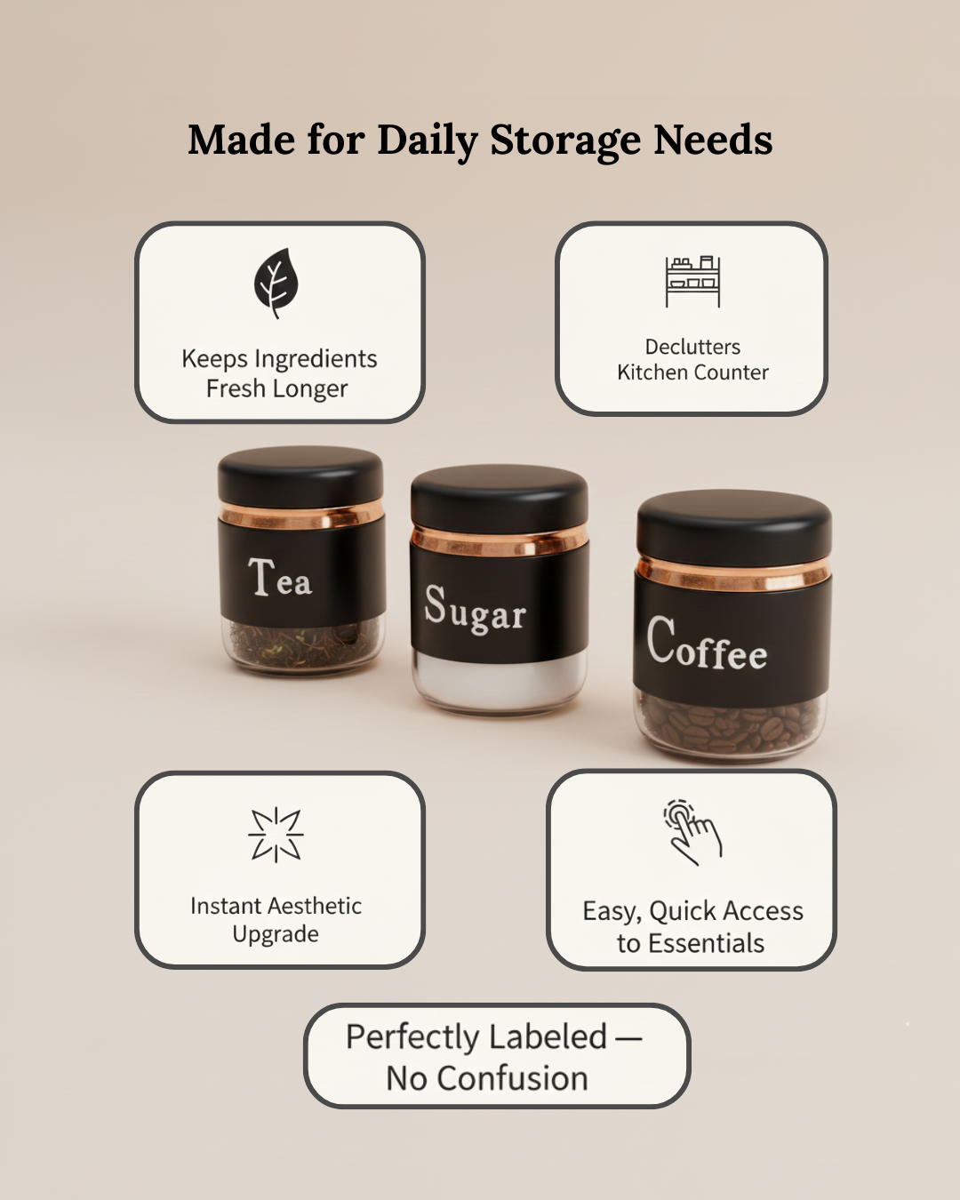 Modern Black Tea Sugar Coffee Canister Trio