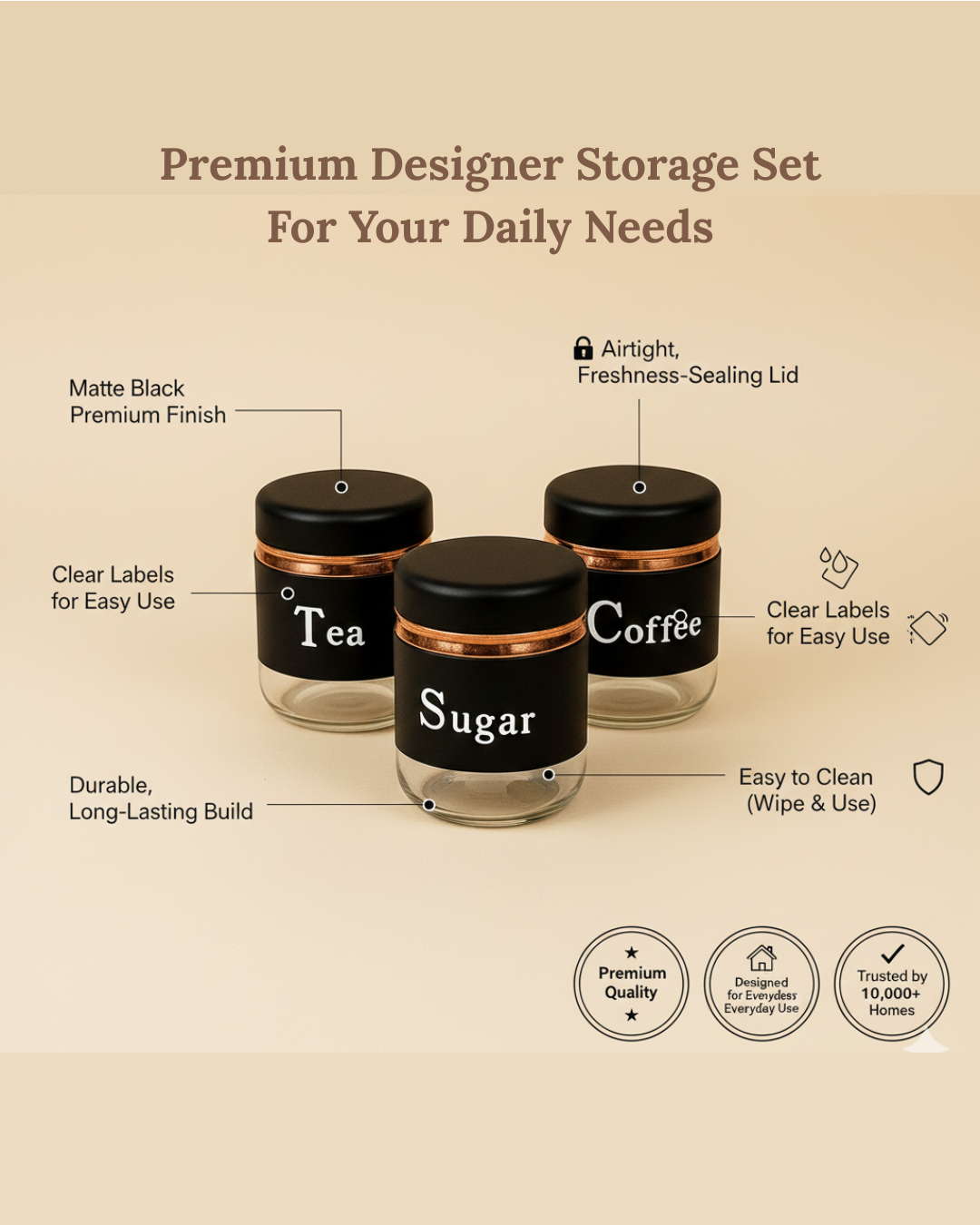 Modern Black Tea Sugar Coffee Canister Trio
