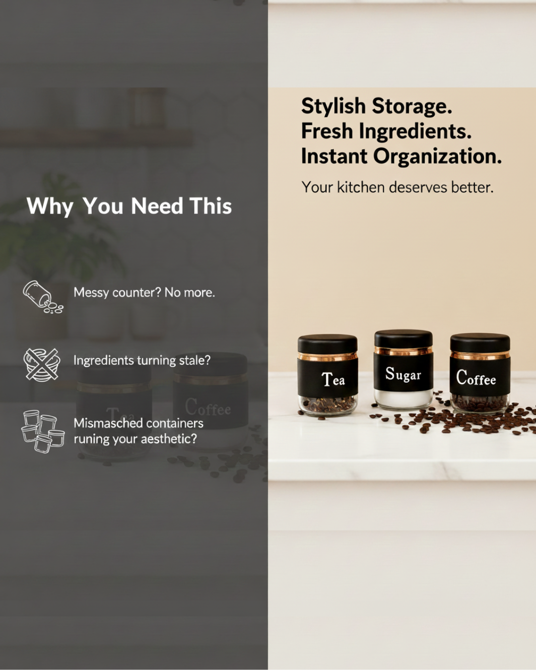 Modern Black Tea Sugar Coffee Canister Trio