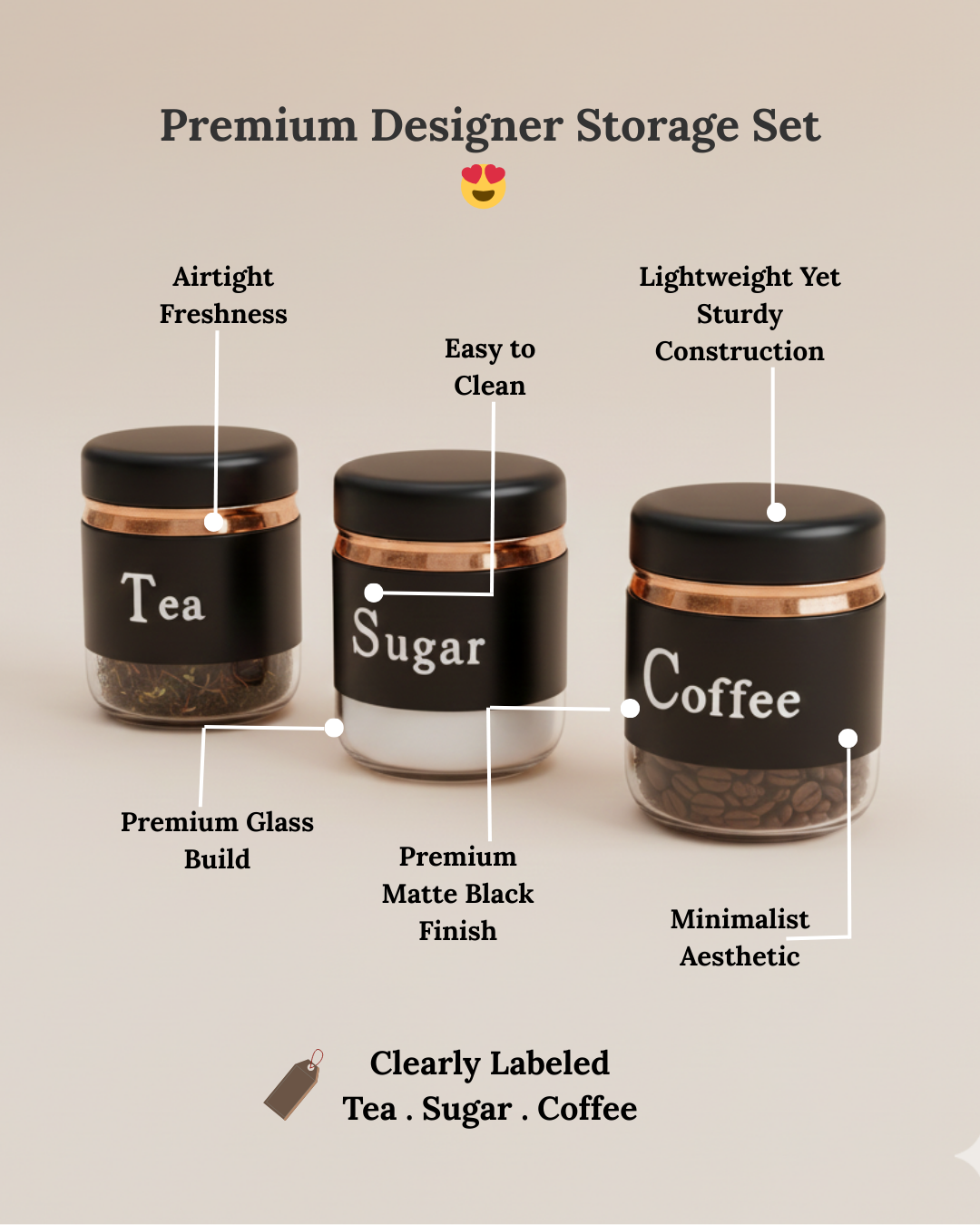 Modern Black Tea Sugar Coffee Canister Trio